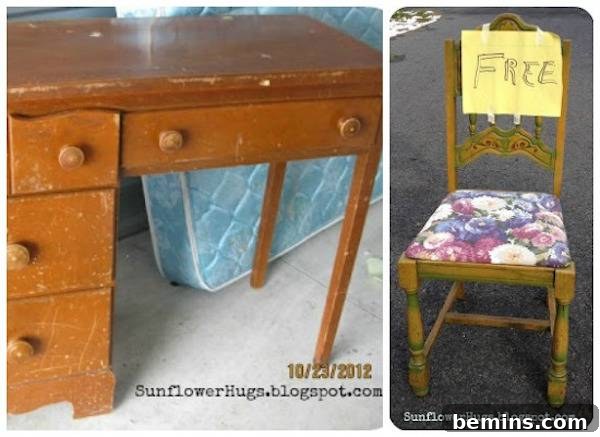 A 1950s style Brown desk with Nick's in it is on a driveway next to a chair of the same time frame.