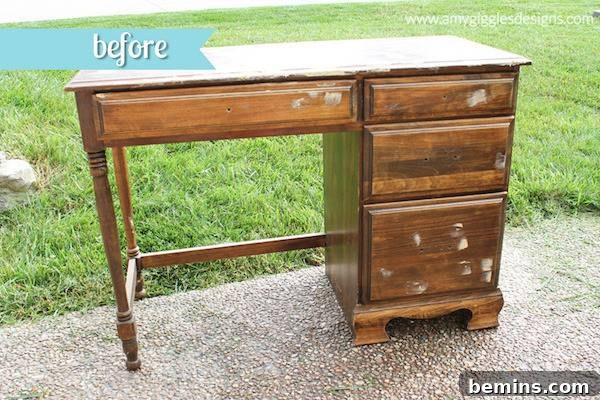 A wooden desk before a makeover.