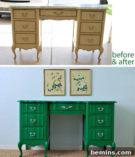 A brown desk has been painted a vibrant green color.