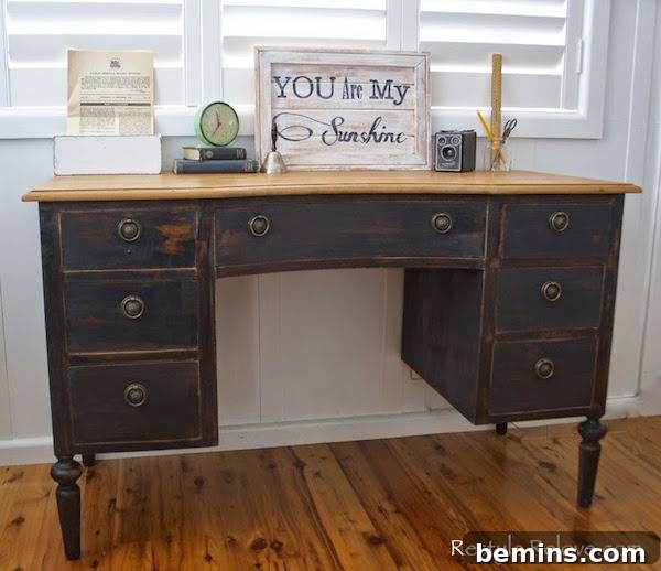 Vintage study table with seven drawers.