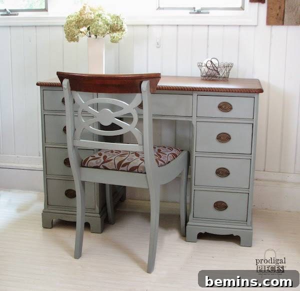 Desk with drawers and chair.