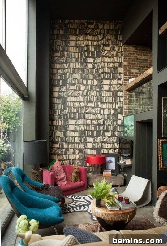 Colorful balcony with vintage library wallpaper, adding a dramatic and slightly spooky touch.