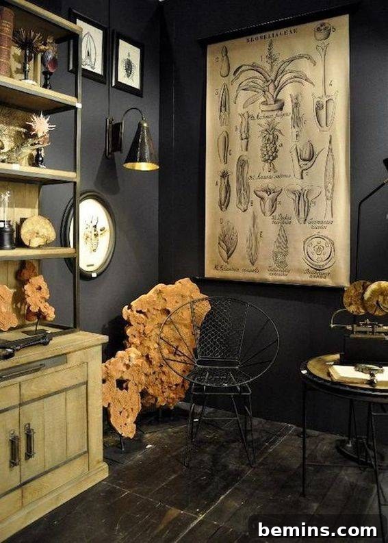 Black walls with wooden interior and anatomy prints, creating a 'crazy scientist' yet stylish vibe.
