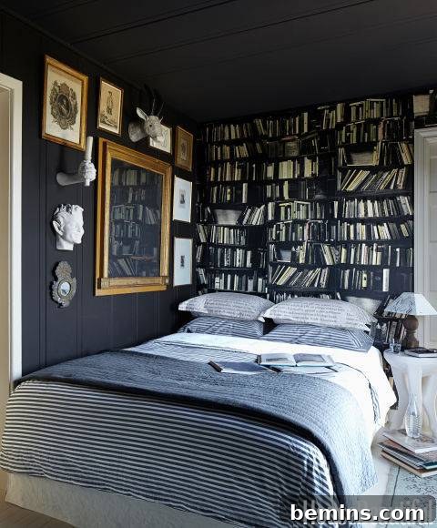 Black bedroom with lots of books, creating a stylishly spooky and inviting atmosphere.