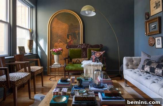 Vintage living room with oversized art and animal print, creating a warm and historically rich atmosphere.