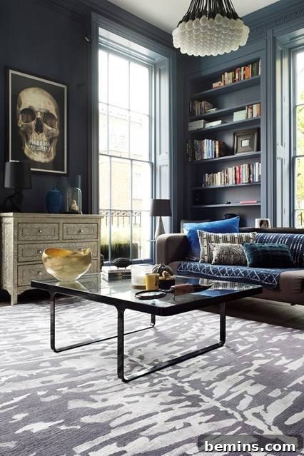 Modern living room with skeleton art, creating a statement piece and adding a touch of spookiness.