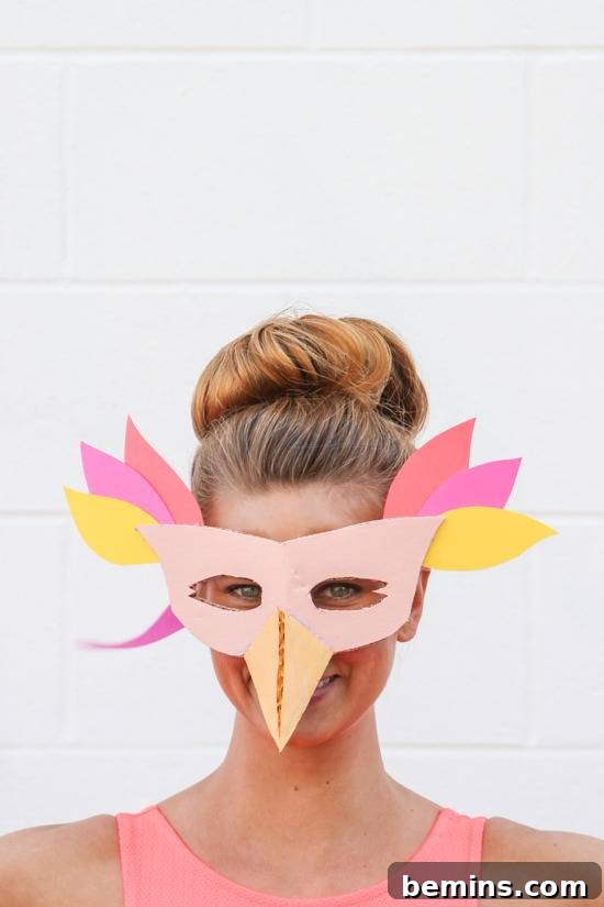 Craft Your Own Bird Costume: A Step-by-Step Guide 11 A woman wears a homemade bird mask.