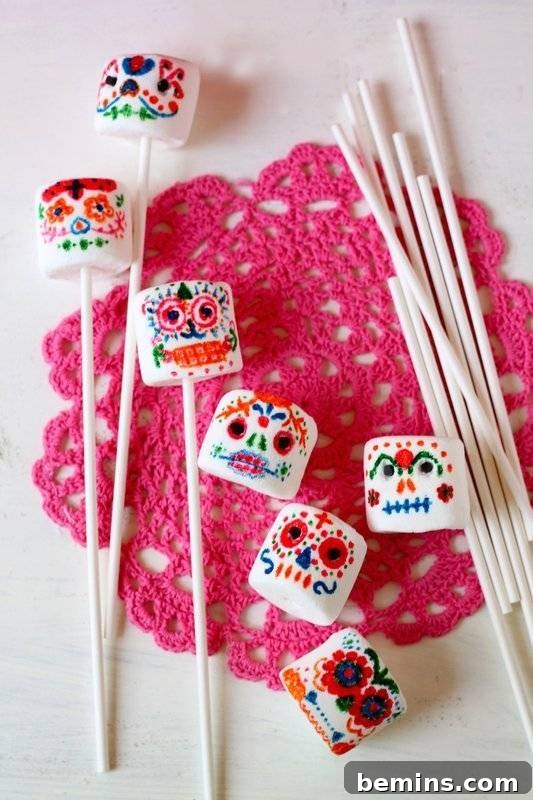 Adorable sugar skull marshmallows for a Day of the Dead candy buffet