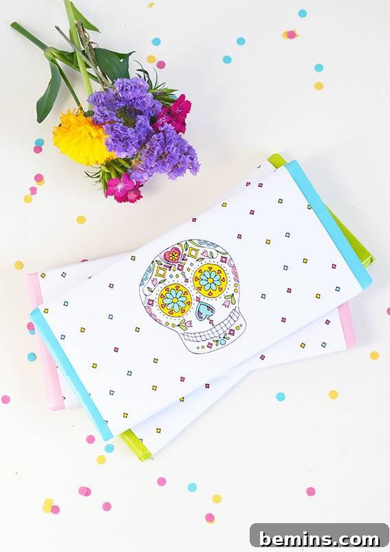 Sugar skull chocolate bar wrappers for Day of the Dead party favors