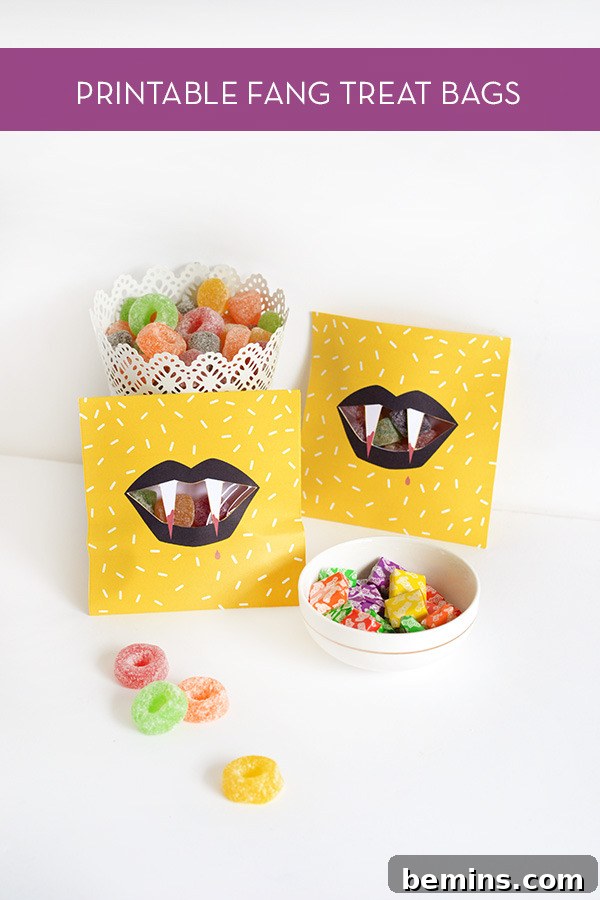 Finished Halloween fang treat bag filled with candy