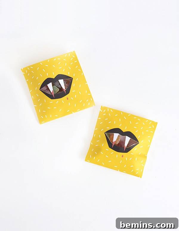 Multiple finished Halloween fang treat bags