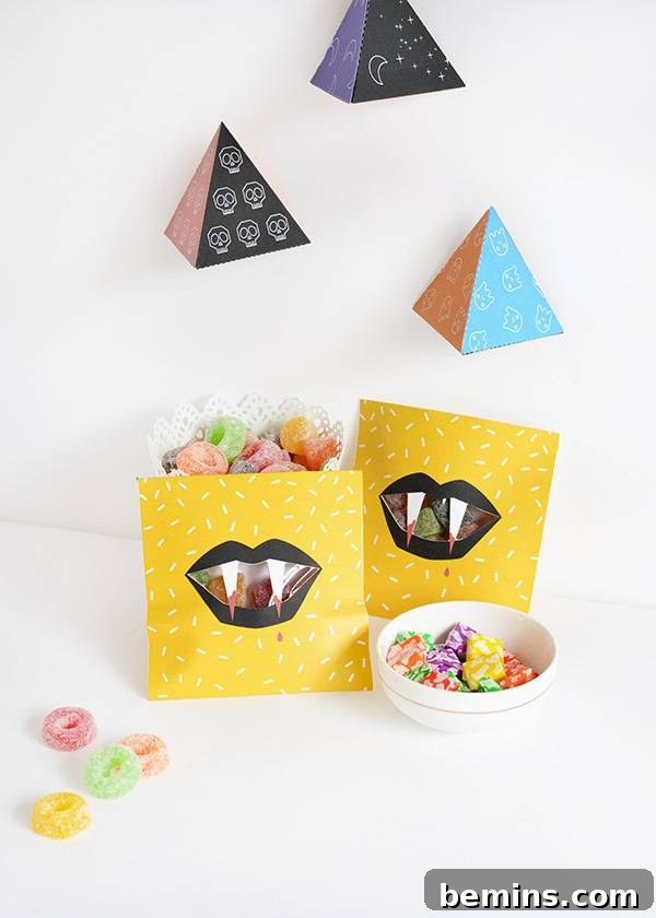 Close-up of a Halloween fang treat bag with candy