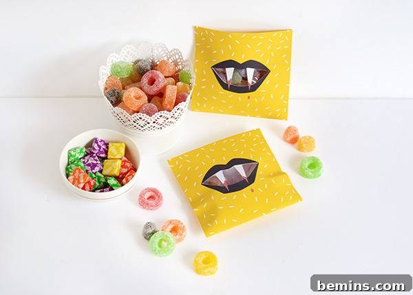 Overhead view of multiple Halloween fang treat bags
