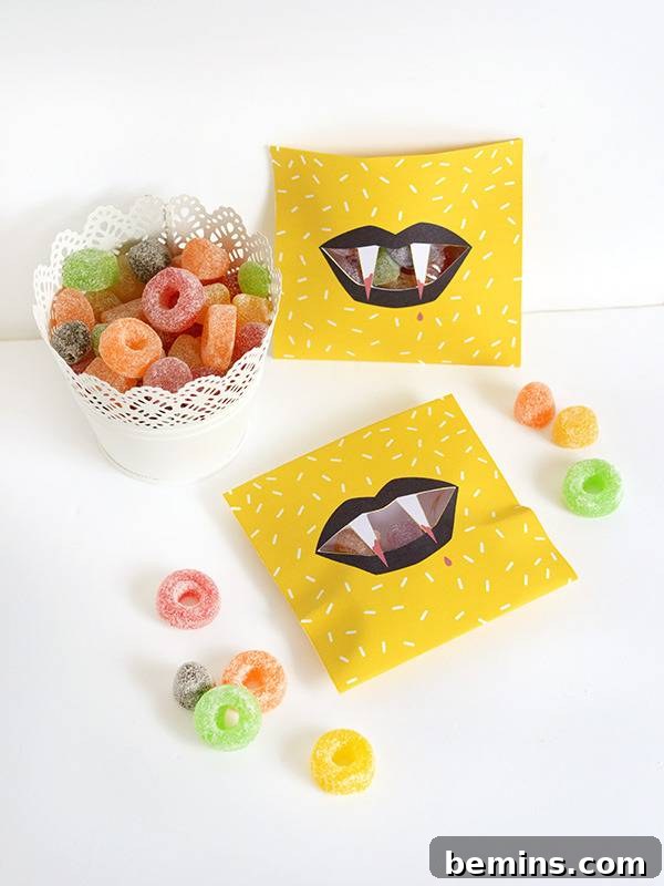 Close-up of a Halloween fang treat bag