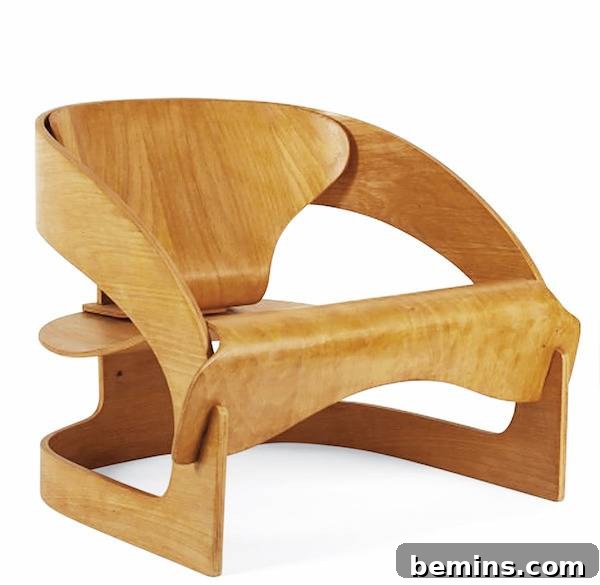 Wooden chair with a unique design.