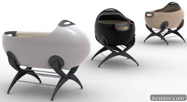 3 rounded pod shaped baby bassinets in white, black and beige.