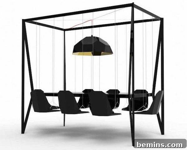 Black chairs hanging from posts facing each other.