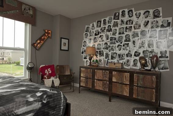 A bedroom decorated with a collage of black and white sports photos, offering a sophisticated and stylish way to display team pride.