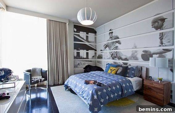 A bedroom decorated with a sports photo cut and pieced together on multiple canvas prints, creating a bold and easily removable statement piece.
