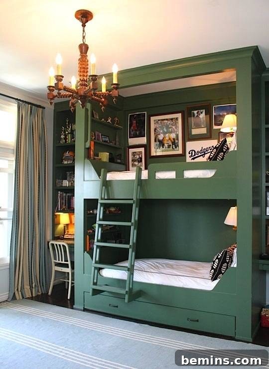 A kid's bedroom featuring a classy double-decked bed with good color coordination, and built-in elements that seamlessly blend with the sports decor.