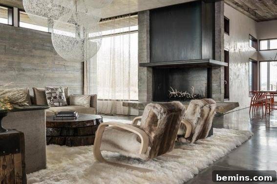 Visual Delight: 10 Modern Yet Cozy Cabins Perfect for a Woodland Escape 11 Large cabin interior with comfortable chairs, offering a luxurious escape.