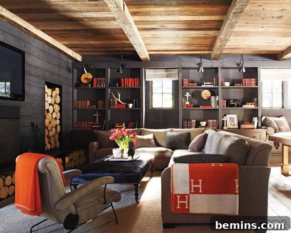 Visual Delight: 10 Modern Yet Cozy Cabins Perfect for a Woodland Escape 4 Room with black shelves against a wall, seating furniture, and a rustic wood ceiling.