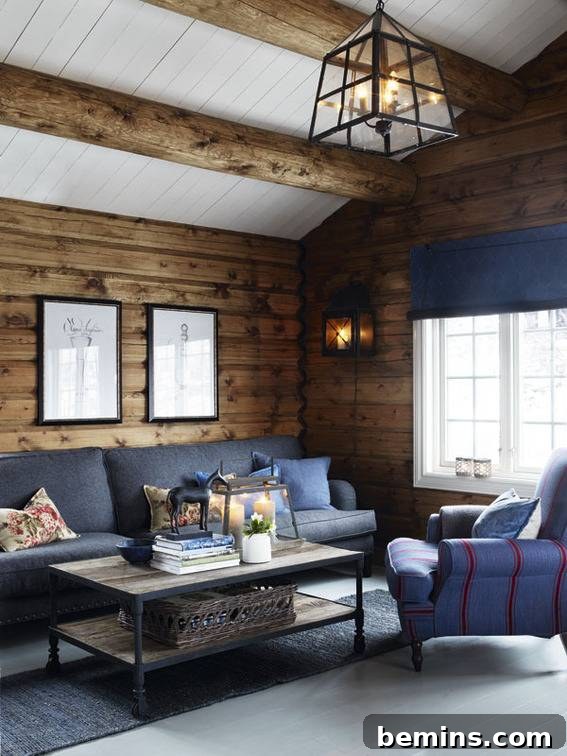 Visual Delight: 10 Modern Yet Cozy Cabins Perfect for a Woodland Escape 5 Wooden room with blue chairs and a blue rug creating a cozy seating area.