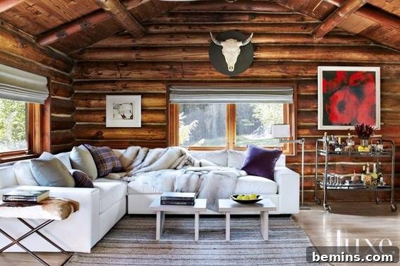 Visual Delight: 10 Modern Yet Cozy Cabins Perfect for a Woodland Escape 9 Log cabin interior with white furniture, cow skull artwork, and a bar cart.