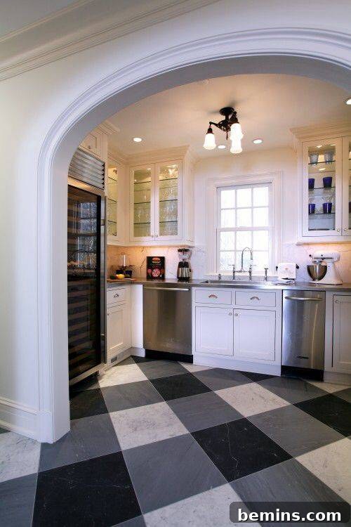 Plaid Power: 10 Rooms Where Tartan Truly Shines 10 A kitchen featuring a classic black and white floor, creating a timeless and elegant aesthetic.