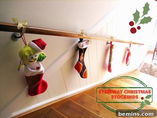 Christmas stockings are hanging on a stair railing.