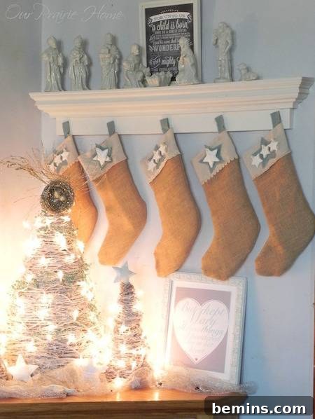 Brown Christmas stockings and decorations in a dimly lit room.