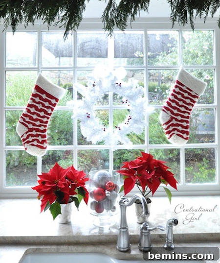 Christmas stocking hanging on a window.
