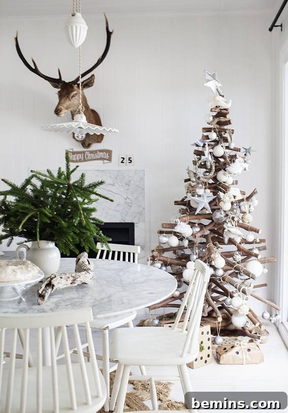 Unconventional Christmas Decor: 11 Fresh Color Palettes 3 A Christmas tree in a corner of a room with dining furniture, showcasing a natural wood and white theme.