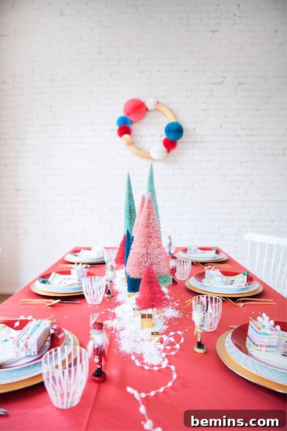 Unconventional Christmas Decor: 11 Fresh Color Palettes 4 A red colored table set with Christmas decorations, showcasing a pink-inspired theme.