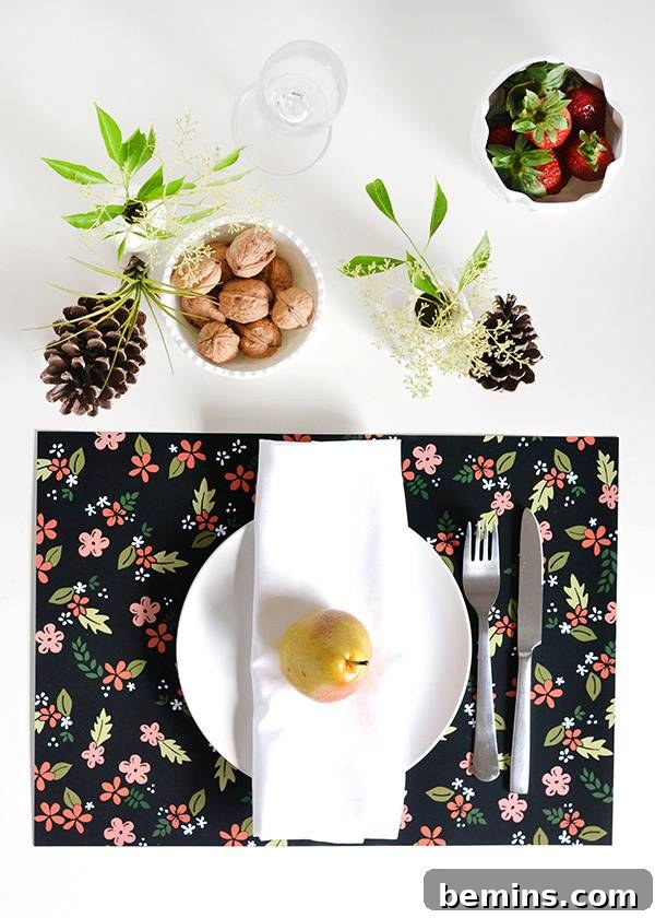 Beautifully arranged food dishes placed on vibrant printable placemats, enhancing the dining experience.