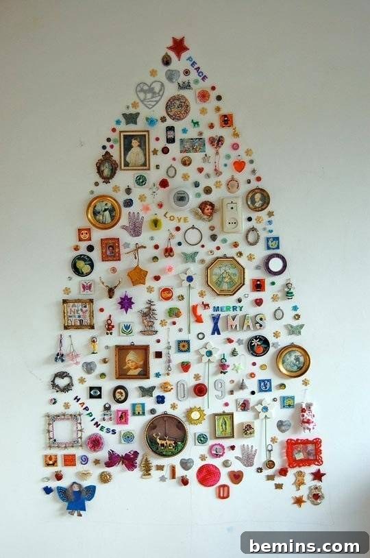 Christmas tree shaped wall display using various decorative items