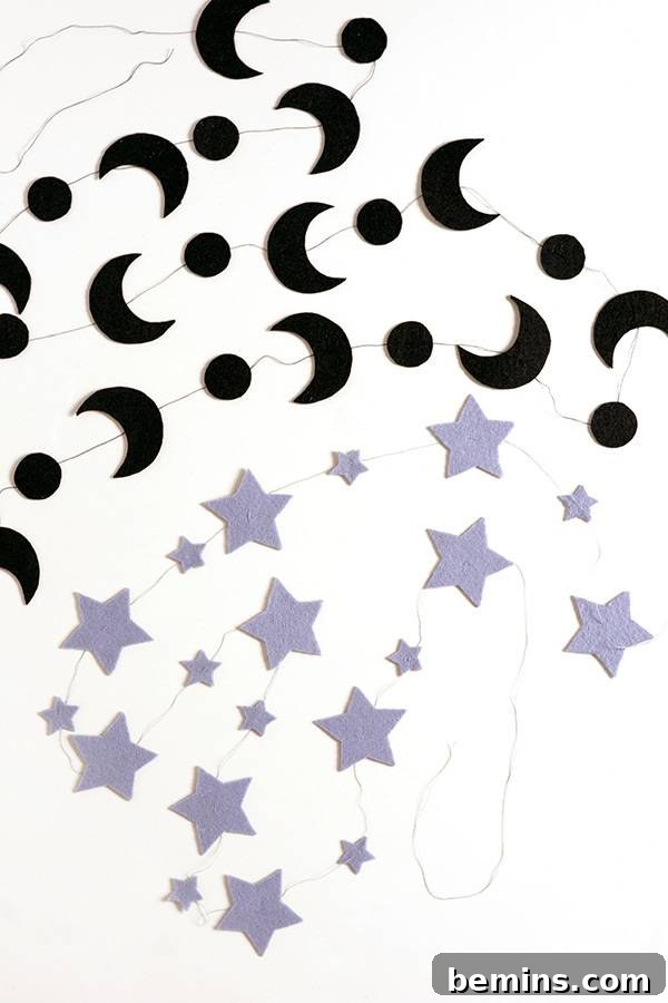 Finished DIY Felt Star and Moon Garland Ready to Hang