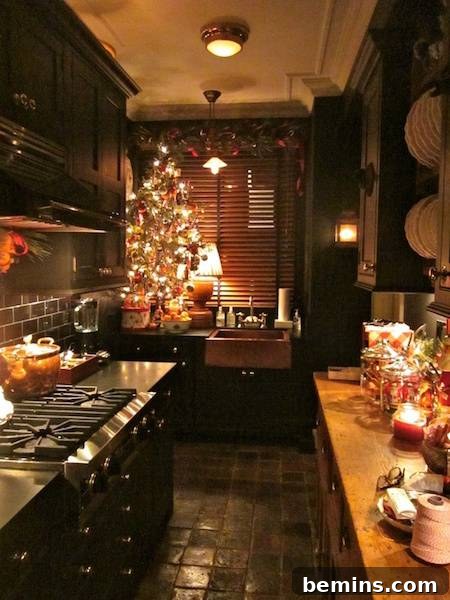 Christmas decorated galley kitchen
