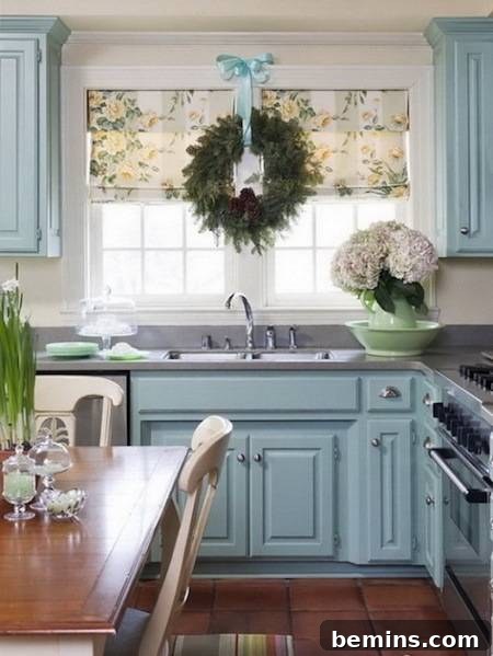 Blue Christmas kitchen with a wreath and blue bow