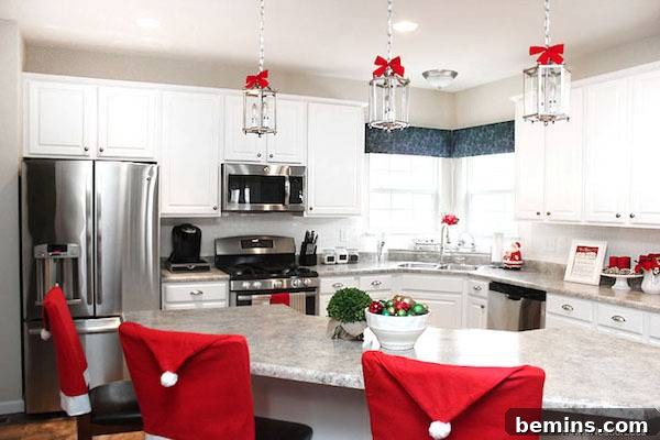Christmas kitchen with Santa hat stool covers