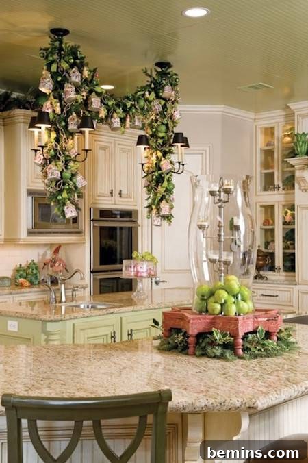 Christmas kitchen with decorated pendant lights