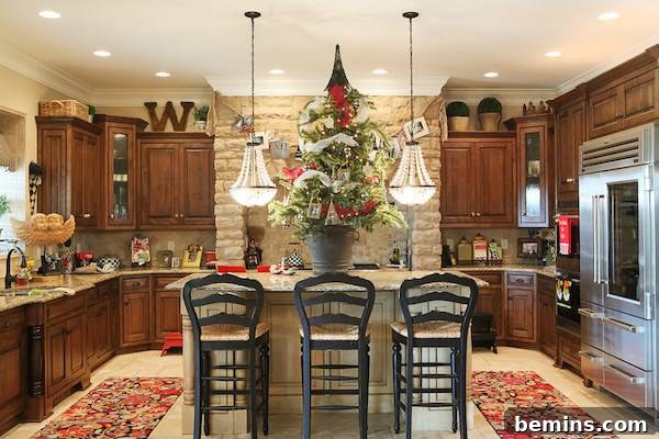Christmas kitchen with a tree on the kitchen island