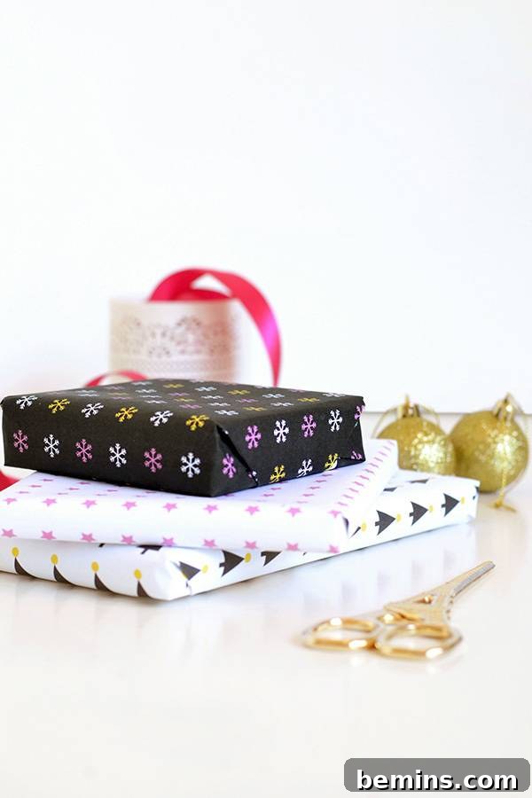Gift wrapped presents sit next to Christmas decorations.