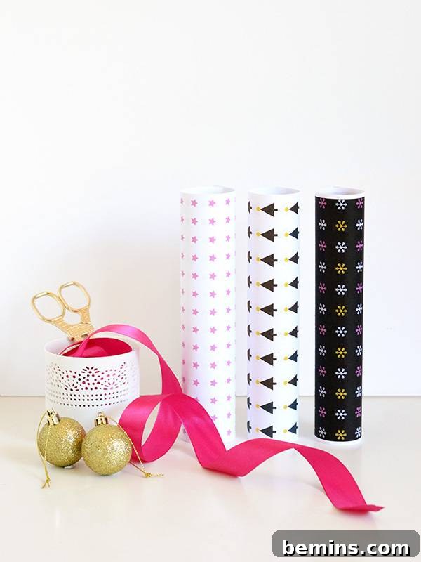 Rolls of Christmas wrap and ornaments ready for gift wrapping