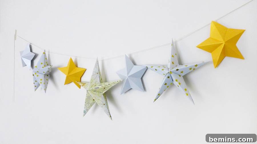 Paper star garland hanging in a room