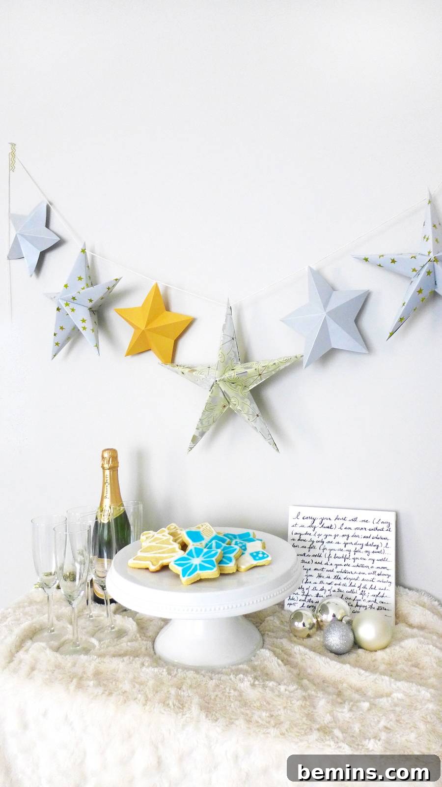 Festive origami star garland decorating a room