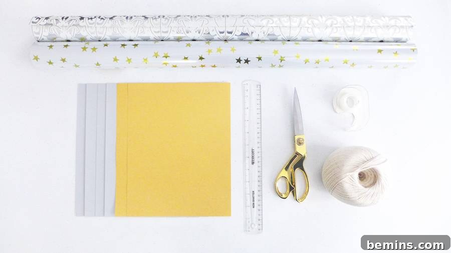Materials needed for origami star garland: paper, scissors, tape, and string
