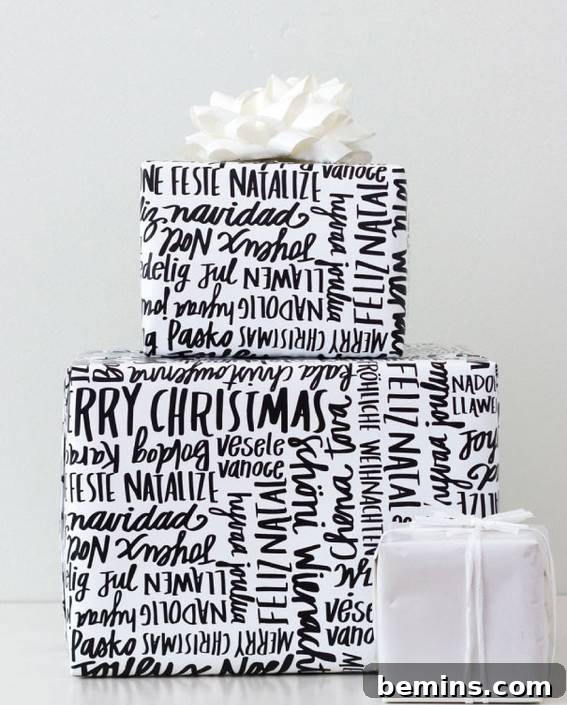 Three beautifully wrapped gifts adorned with hand-lettered holiday greetings in multiple languages, each tied with elegant bows, conveying festive wishes globally.