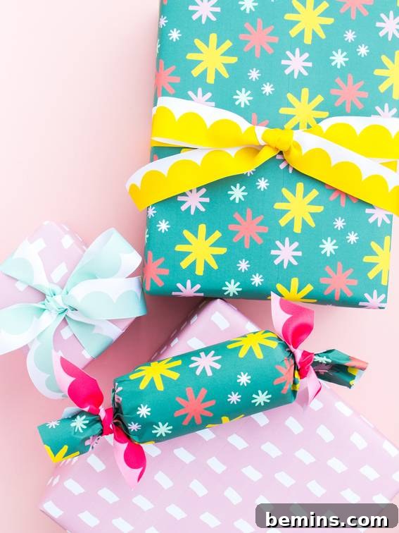 A vibrant collection of custom printable gift wraps in cheerful, multi-colored designs, including chocolate bar shapes, perfect for adding a fun touch to any present.