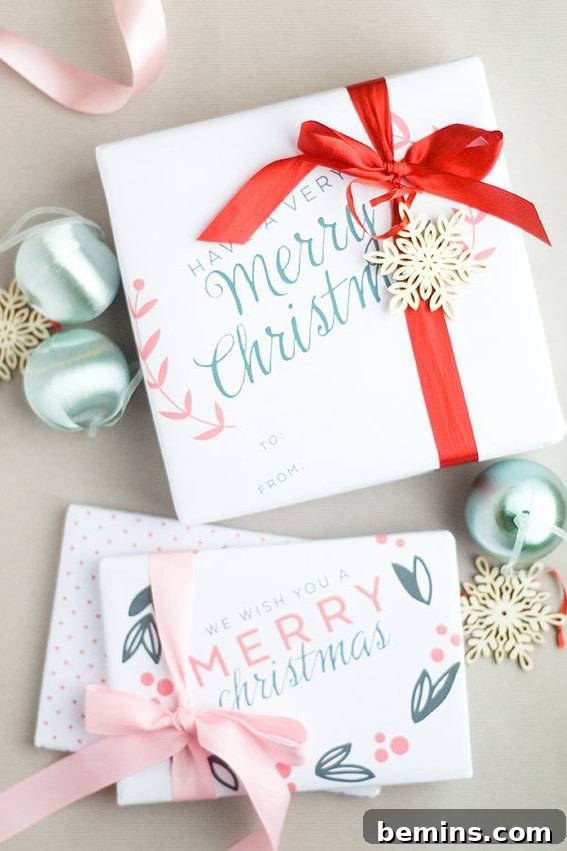 A collection of beautifully gift-wrapped items, featuring charming Christmas-themed paper adorned with holiday greetings, ready to spread festive cheer.